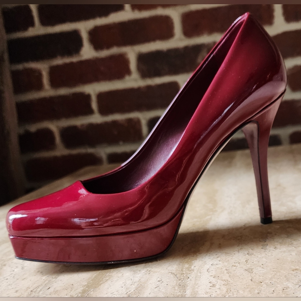 Gucci Patent Dark Red Leather Glossy High Heel Platforms